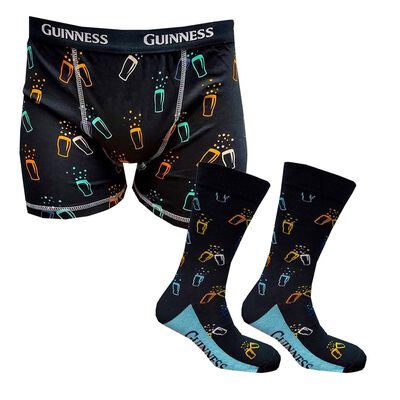 Official Guinness Boxer Shorts & Socks Gift Set, Black Coloured With AOP Pint Design